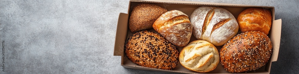 Freshly baked rolls displayed in rustic box, showcasing diverse Freshly baked rolls displayed in rustic box, showcasing diverse