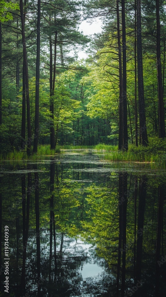 Forest pond reflection, tranquil nature scene, peaceful background, ideal for nature publications Forest pond reflection, tranquil nature scene, peaceful background, ideal for nature publications