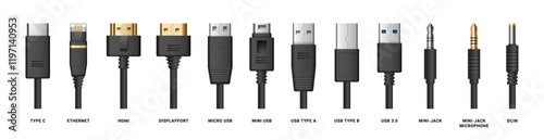Cables and computer ports different types. Vector isolated set of realistic adapters. Displayport and type C, USB and mini jack headphones or microphone, DCIN and HDMI for connecting monitor