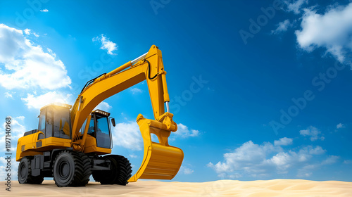 Yellow Excavator in Desert 3D Illustration