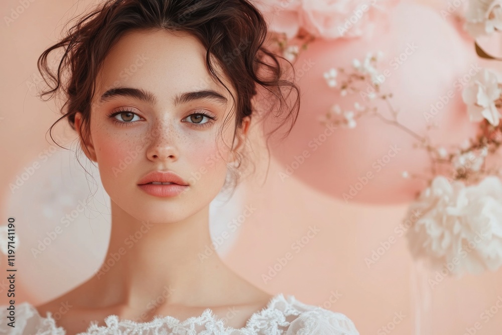 Beautiful young woman with natural makeup surrounded by pink balloons and flowers in a soft pastel setting Beautiful young woman with natural makeup surrounded by pink balloons and flowers in a soft pastel setting