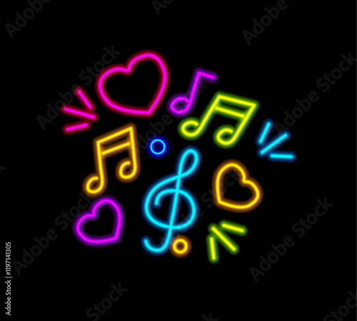 Treble clef with hearts and circles with neon light effect. Vector stand or wall decoration for festival. Musical store and school emblem. Night club signboard. Karaoke bar or concert entertainment