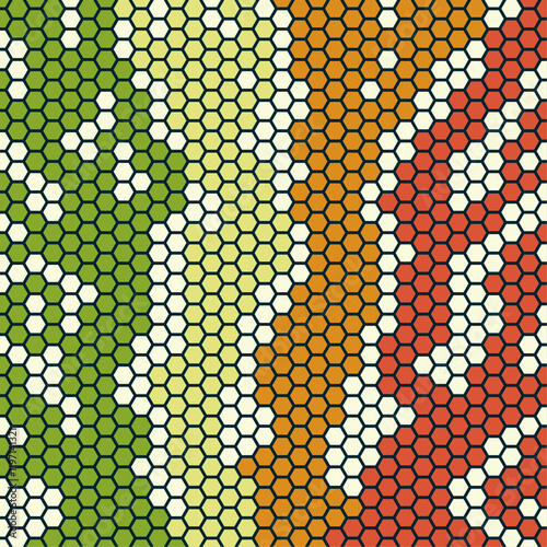 Hexagon pattern branching out, using retro colors.