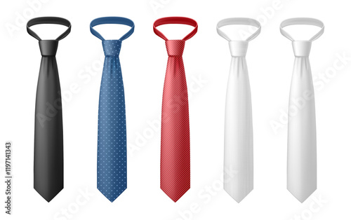 Formal wear official apparel accessories for men. Vector isolated set of realistic icons with ties of different colors and patterns, polka dot and diagonal stripes print. Blank costume part