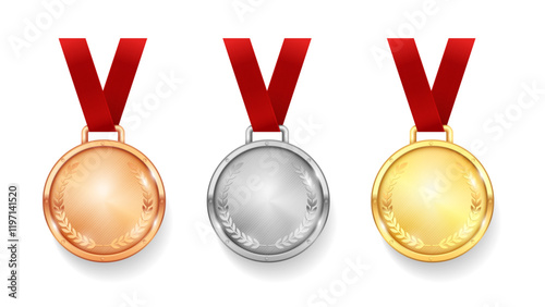 Necklace ribbon with medal, isolated realistic medallions for winners. Vector first, second and third places in competition or challenge. Gold, silver and bronze coins with laurel leaves