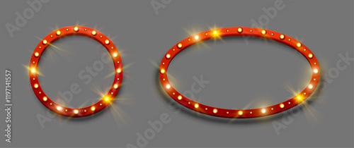 Round and oval shaped retro signage with light bulbs. Vector classic casino or theater, cinema or club decor. Mockup for trendy graphic designs. Illuminated frames, show performance information board