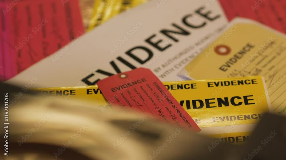 able of Detective full of Crime Evidence Tags Labels Tape Recorder Cinematic