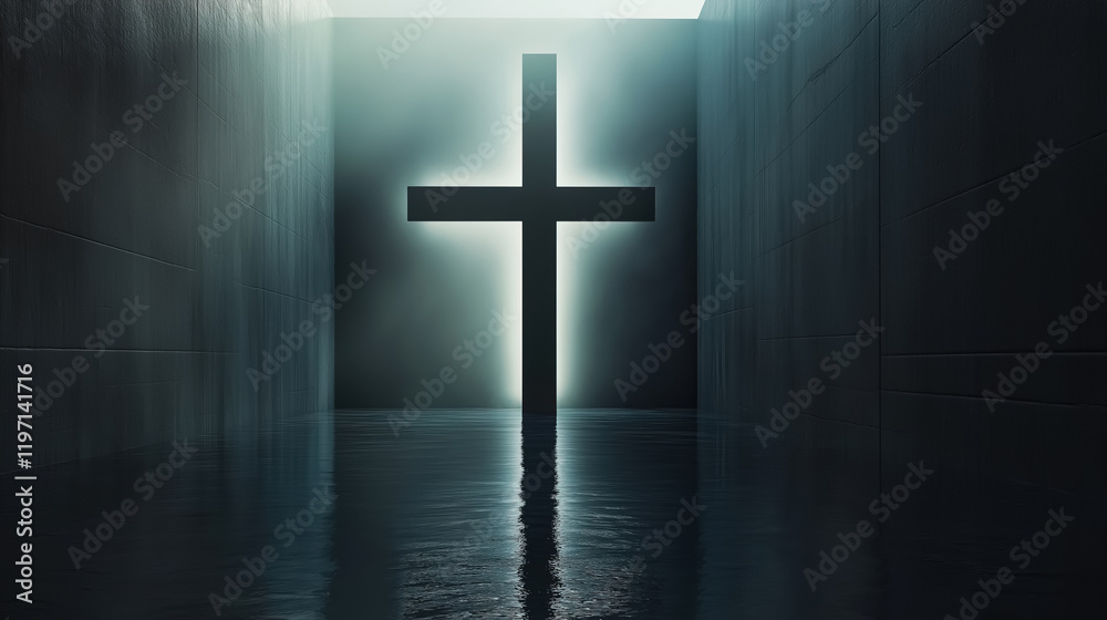 Naklejka premium An evocative scene of a door shaped like a cross, standing out in a dark and minimalist room