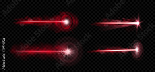 Laser beam and flare realistic effect. Vector isolated set of glowing horizontal lines or trails. Engraving on surface, bright shiny sparks and lights, vapor and shining design. Welding trace