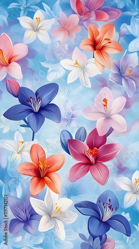 Colorful floral arrangement featuring various lily species on a soft blue background