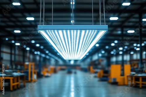 Modern LED lighting fixture illuminating a large industrial warehouse space. Clean lines and bright light create a sense of efficiency and innovation.