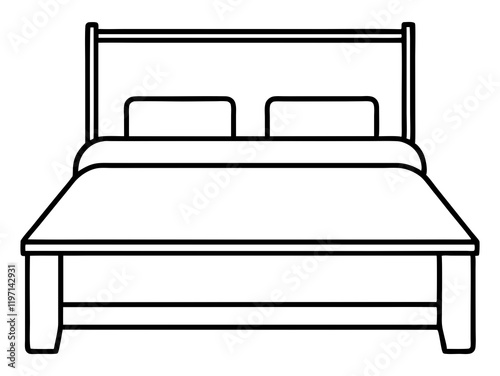 Simple line drawing of a double bed with pillows and bedding.
