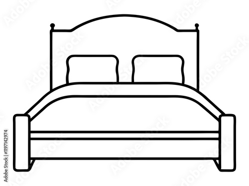 Simple line drawing of a double bed with pillows and bedding.