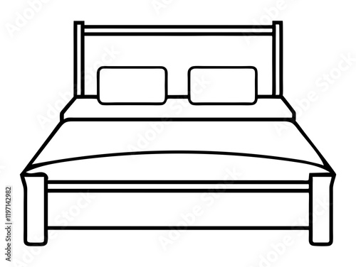 Simple line drawing of a double bed with pillows and bedding.