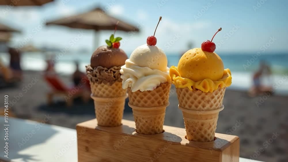 Conos de helado con cereza sobre base de madera en playa tropical