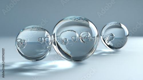 Transparent bubbles reflect light, showcasing intricate details