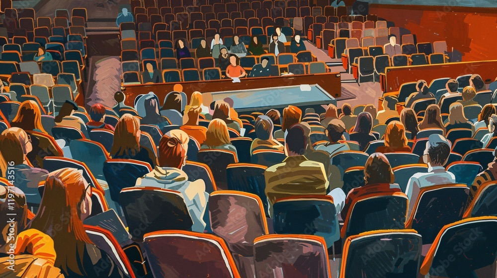 Naklejka premium A painting of a large audience in a theater