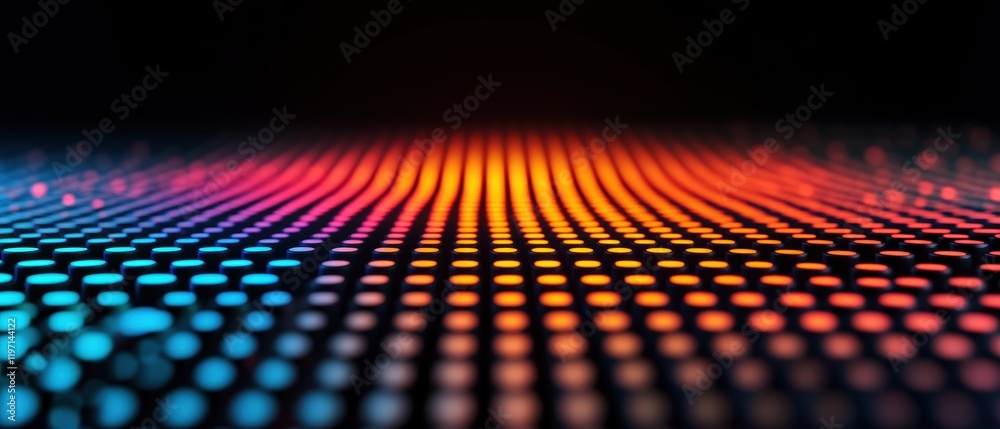 Fototapeta premium A vibrant, abstract image featuring colorful dots that create a wave-like pattern, set against a black background.