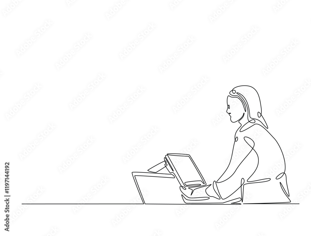 Continuous one line drawing of seller cashier of the strore. Female cashier of supermarket waiting customers illustration. Editable vector. Continuous one line drawing of seller cashier of the strore. Female cashier of supermarket waiting customers illustration. Editable vector.