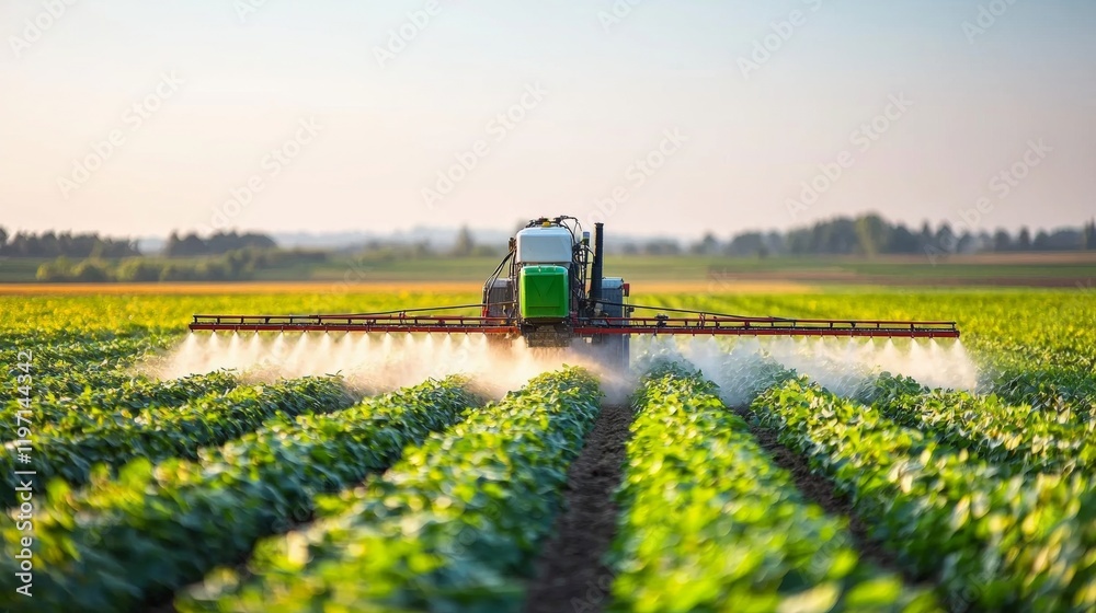 Fototapeta premium Tractor Spraying Crops in Lush Green Field