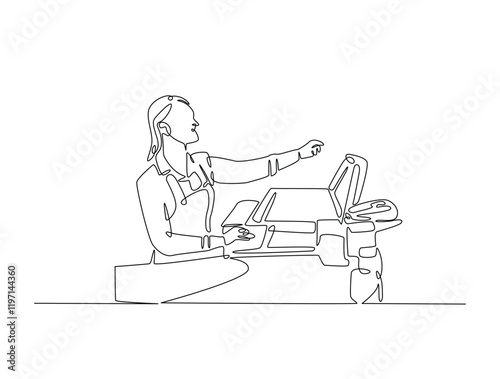 Continuous one line drawing of seller cashier of the strore. Female cashier of supermarket waiting customers illustration. Editable vector.