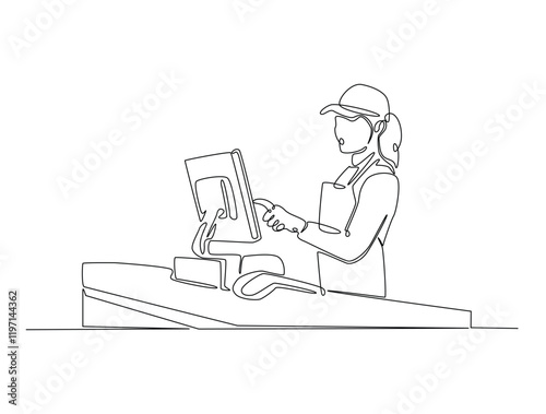 Continuous one line drawing of seller cashier of the strore. Female cashier of supermarket waiting customers illustration. Editable vector.