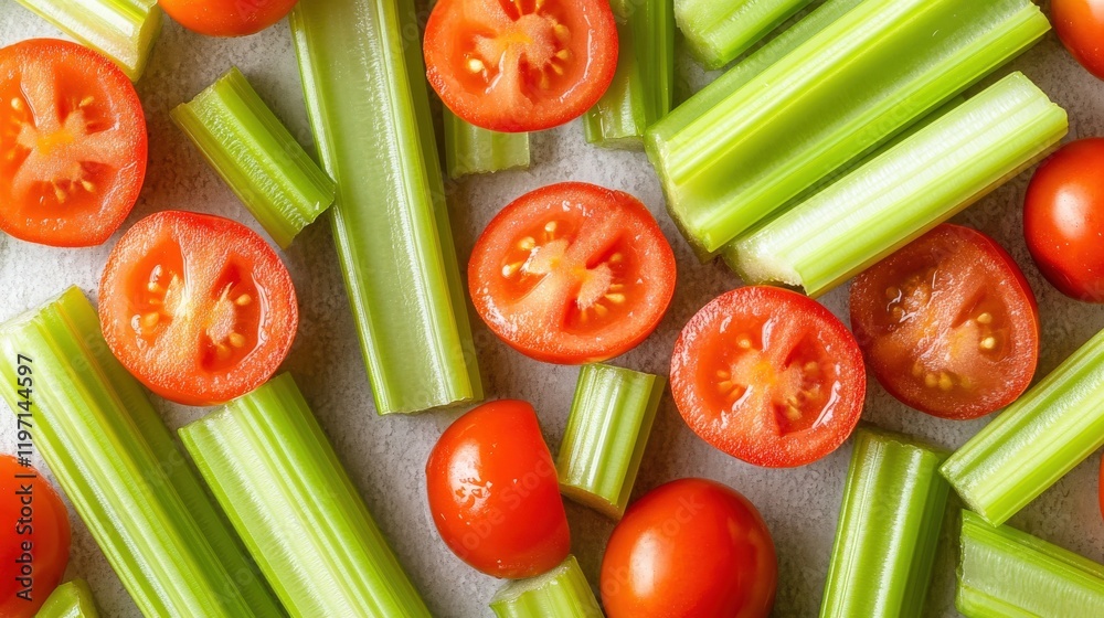 Close-up shot of fresh, vibrant celery sticks and juicy tomato slices, perfect for healthy eating themes. Close-up shot of fresh, vibrant celery sticks and juicy tomato slices, perfect for healthy eating themes.
