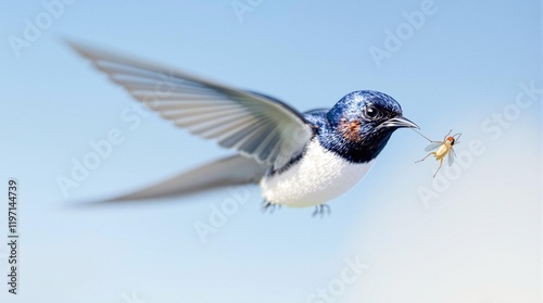 Swallow Feeding . Close-up of a swallow holding an insect in its beak, simple blurred sky gradient background, clean minimal composition, copy space photo