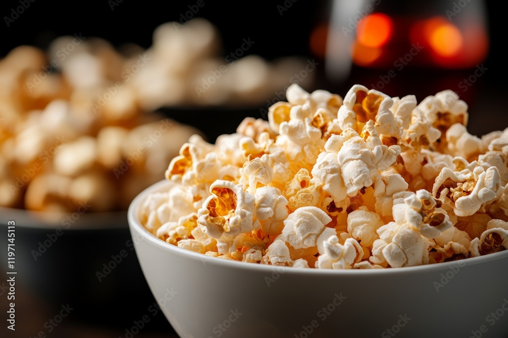 Freshly popped popcorn in a bowl ready for a movie night at home with family and friends enjoying snacks together Freshly popped popcorn in a bowl ready for a movie night at home with family and friends enjoying snacks together