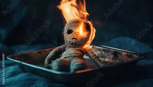 Voodoo doll burning in metal tray on dark background. Curse ceremony photo