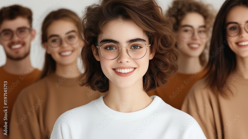 Obraz premium group of six young adults stands together, all wearing casual attire with a neutral color palette. They share joyful expressions, creating a warm and inviting atmosphere