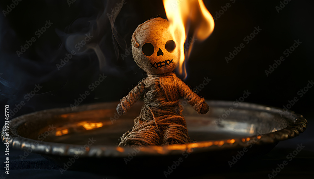 Voodoo doll burning in metal tray on dark background. Curse ceremony Voodoo doll burning in metal tray on dark background. Curse ceremony