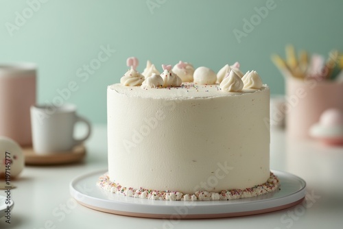 Delightful cake decorated with creamy frosting and playful accents in a pastel setting