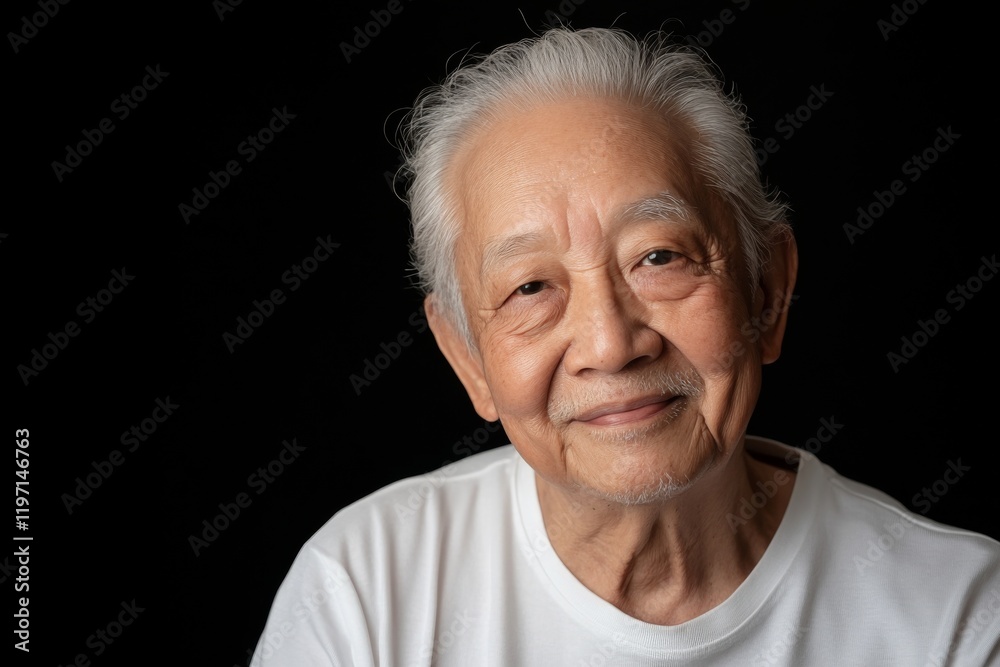 Elderly man smiles warmly while seated against a dark background in a simple white shirt, showcasing wisdom and grace Elderly man smiles warmly while seated against a dark background in a simple white shirt, showcasing wisdom and grace