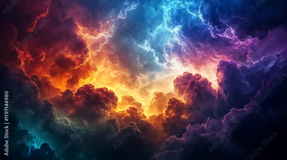 Fototapeta premium Fiery, stormy sky; dramatic cloudscape; intense light; background for fantasy; power concept