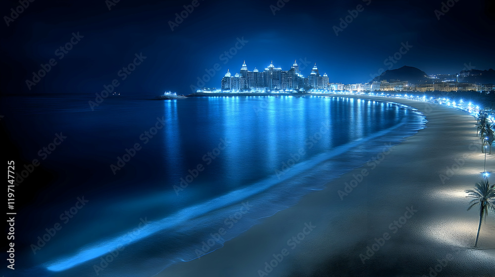 Fototapeta premium Night Beach Coastal Cityscape Illustration
