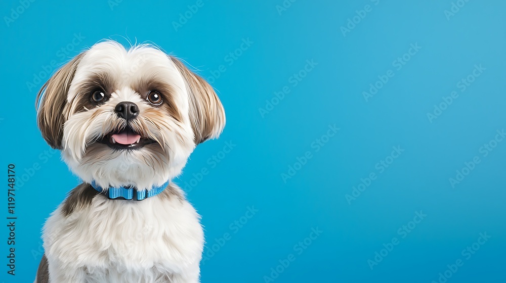 Youthful dog with a charming smile and captivating eyes, Charming Shih Tzu with Youthful Smile Against Blue Background Youthful dog with a charming smile and captivating eyes, Charming Shih Tzu with Youthful Smile Against Blue Background