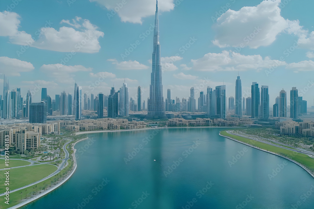 Fototapeta premium Cityscape Aerial Photo: Modern Buildings and Lake