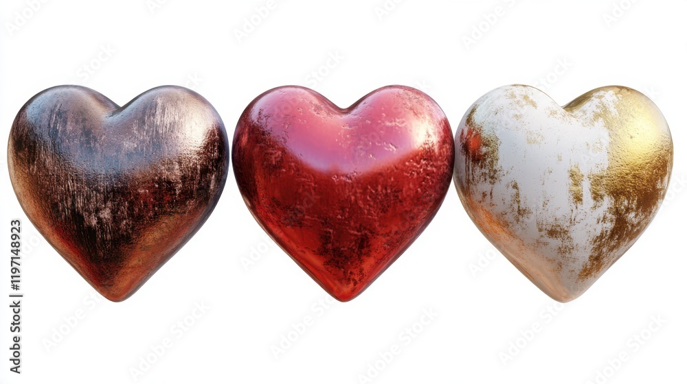 Fototapeta premium Three hearts are shown in a row, with one being gold, one being red