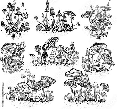 Set of Magic Mushrooms compositions, black and white sketch