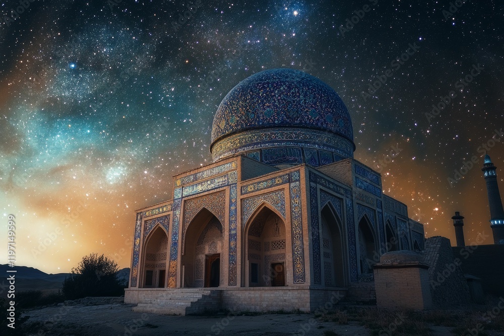 Obraz premium Ornate building under starry night sky, desert landscape.