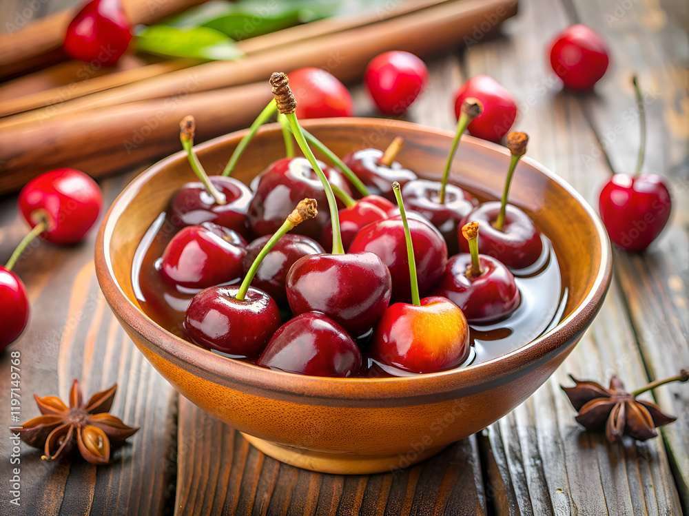 Φωτογραφία A bowl of fresh cherries soaking in water on a wooden table.