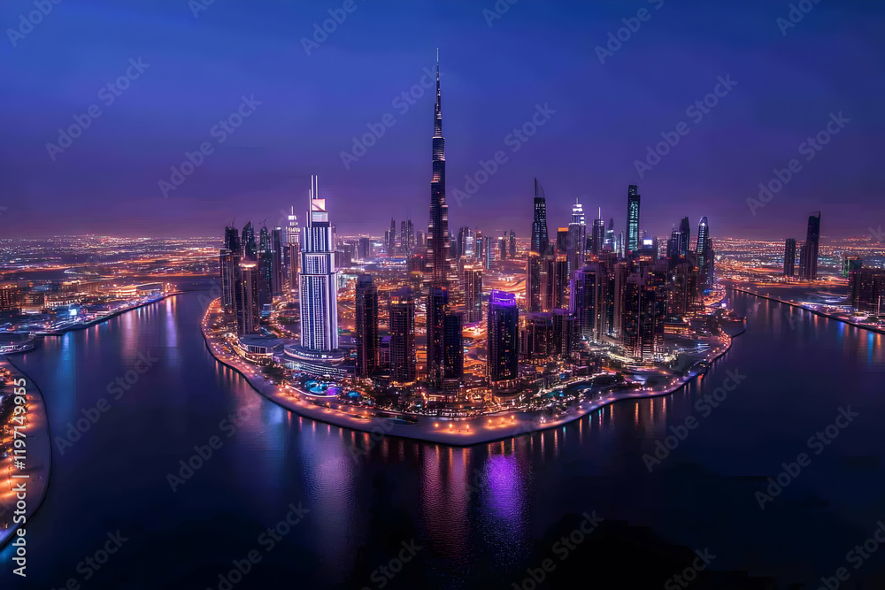 Fototapeta premium Night Cityscape, Illuminated Towers