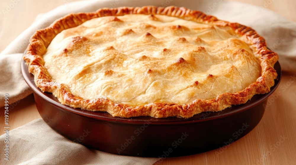 Golden-brown pie freshly baked on wooden table Golden-brown pie freshly baked on wooden table