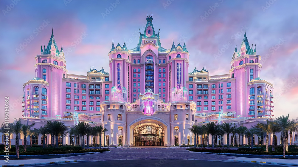 Naklejka premium Pink Castle Hotel at Dusk - Realistic Image