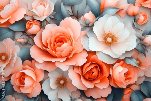 A 3D-rendered vintage floral wallpaper with embossed rose patterns, giving depth and a luxurious texture to the design