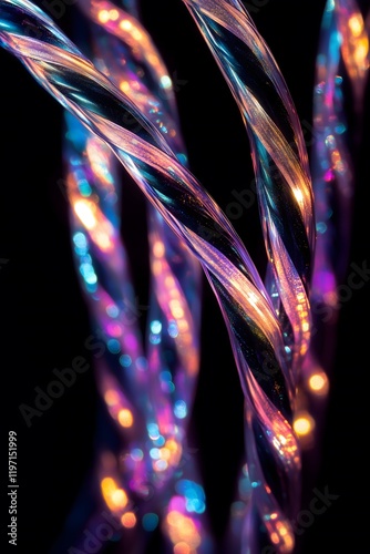 Close up of transparent vires with neon purple lightning. 
Vaporwave, aesthetic concept. 