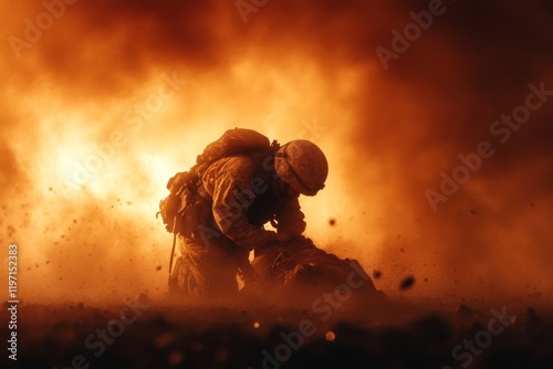 A battlefield medic treating a wounded soldier under heavy fire, with explosions lighting up the chaotic scene