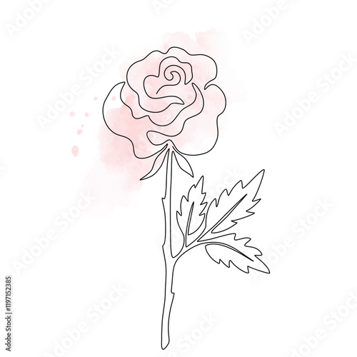 Outline Illustration Of Rose Flower On Pink Watercolor Spot Background