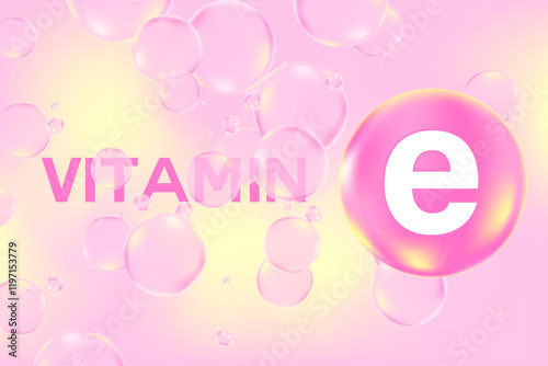Vitamin E glowing 3D molecule element or bubble, pink, yellow watercolor texture background with copy space. Fluid light pink soft gel, supplement product banner, presentation, infographic design